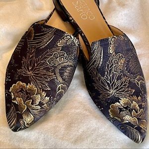 NWOT Franco Sarto Black & Gold Brocade Flat Mules